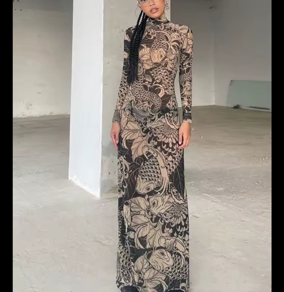 Maxi Dress Turtleneck Full Sleeve Bodycon - Picture 2 of 6